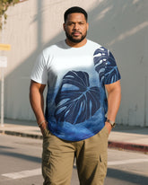 Men's Plus Size White & Blue Gradient Large Leaf Loose Round Neck Short Sleeve T-Shirt